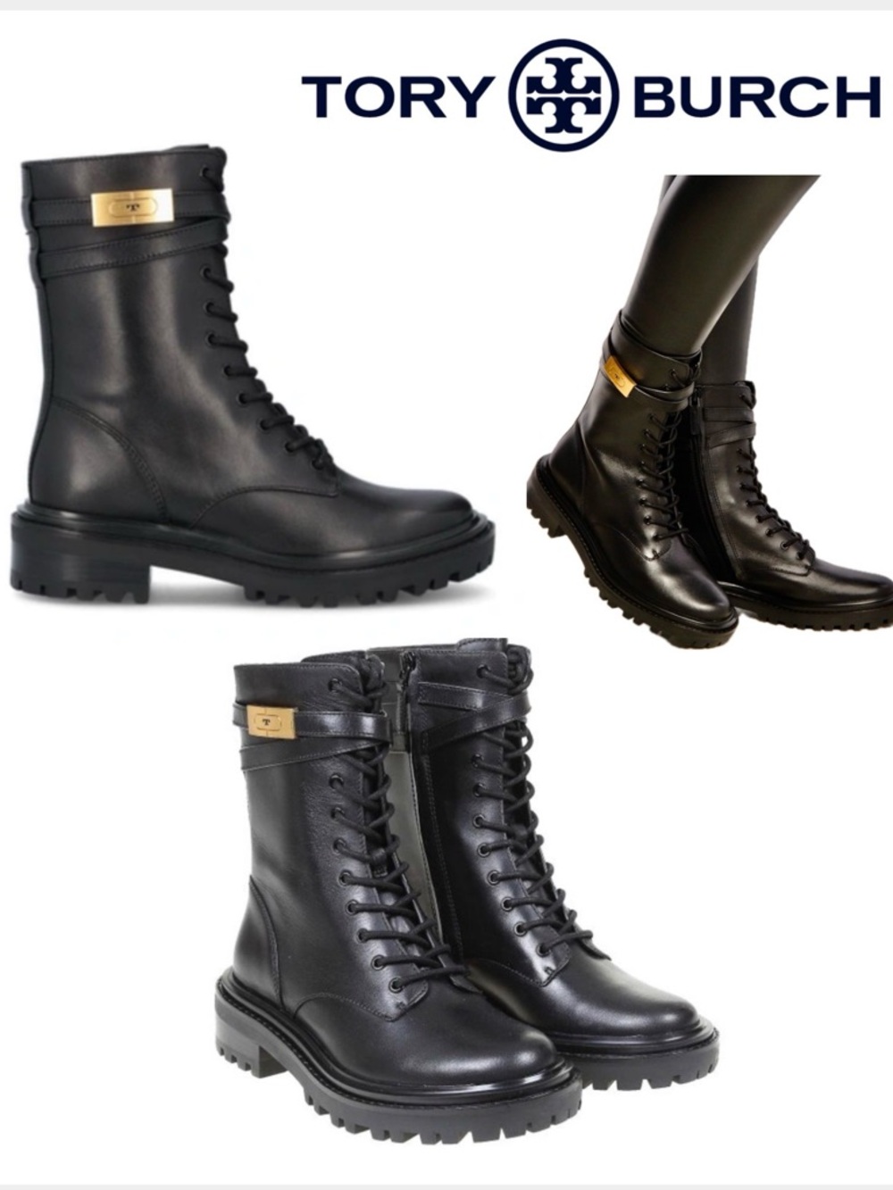 Tory Burch T Hardware Black Leather Lace-Up Combat Boots with Gold Plaque